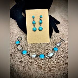 Sterling Silver Turquoise & Mother-of-Pearl Bracelet + Earrings Set item#0044